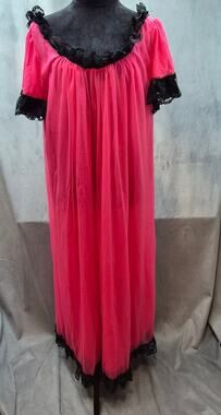 Leonora Chiffon Sheer Peignoir Vintage Nightgown Romantic Dress Lace Trim Pink S